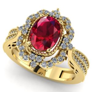 Inel cu rubin oval si diamante din aur galben 18k de logodna ES258