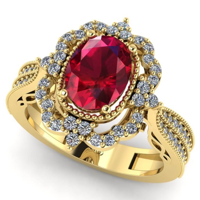 Inel cu rubin oval si diamante din aur galben 18k de logodna ES258