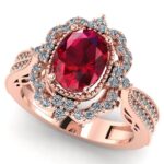 Inel cu rubin oval si diamante din aur roz de logodna ES258