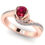 Inel logodna cu rubin si diamante model rasucit din aur750 roz ES358