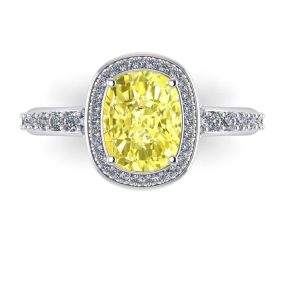 Inel cu safir galben cuhion si diamante din aur alb 750 de logodna ES292