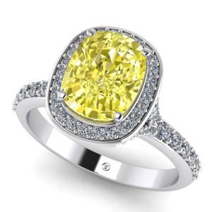 Inel cu safir galben 9x7 mm si diamante albe din aur alb 14k de logodna ES292