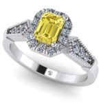 Inel cu safir galben si diamante model vintage din aur alb ES197
