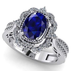 Inel cu safir albastru oval AAA si diamante din aur alb model esan de logodna ES258