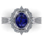 Inel de logodna cu safir albastru si diamante albe din aur model vintage ES258