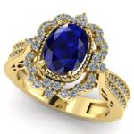 Inel logodna cu safir oval albastru si diamante model art deco din aur 18k ES258