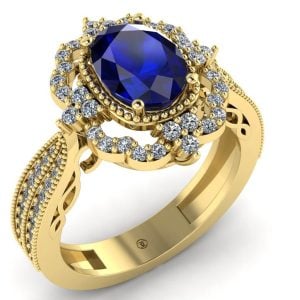 Inel cu safir oval albastru si diamante din aur 14k ES258
