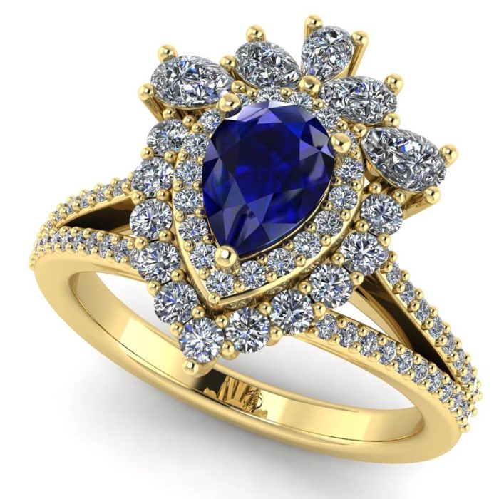 Inel cu safir lacrima si diamante halo fantasy din aur galben de logodna ES378