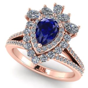 Inel cu safir albastru para 7x5mm si diamante anturaj din aur 18k ES378