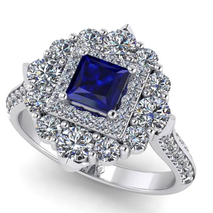 Inel cu safir patrat 4 mm si diamante de logodna din aur alb ES395