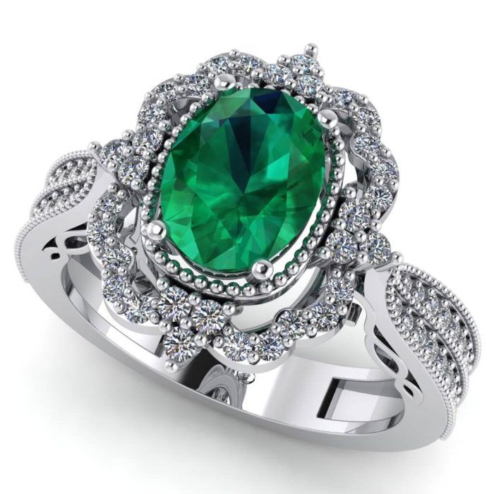 Inel cu smarald oval si diamante din aur alb 18k de logodna ES258