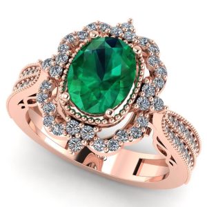 Inel cu smarald oval si diamante din aur roz 18k de logodna vintage ES258