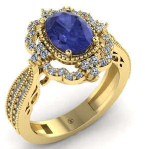 Inel cu tanzanit oval si diamante din aur galben model regal ES258