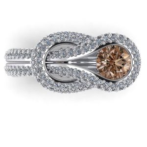Inel model unic dama cu diamant maro rotund si diamante din aur alb ES309