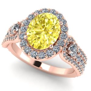 Inel cu safir oval galben AAA si diamante anturaj din aur roz ES374