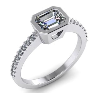 Inel logodna side stones cu diamant emerald si diamante din aur alb 18k ES216