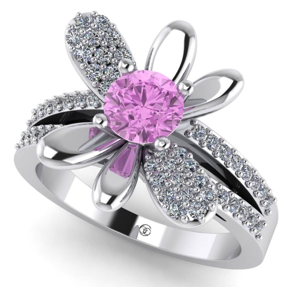 Inel de logodna cu diamant roz si diamante din aur alb ES224