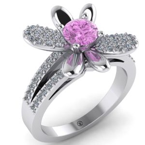 Inel de logodna cu diamant roz si diamante din aur ES224