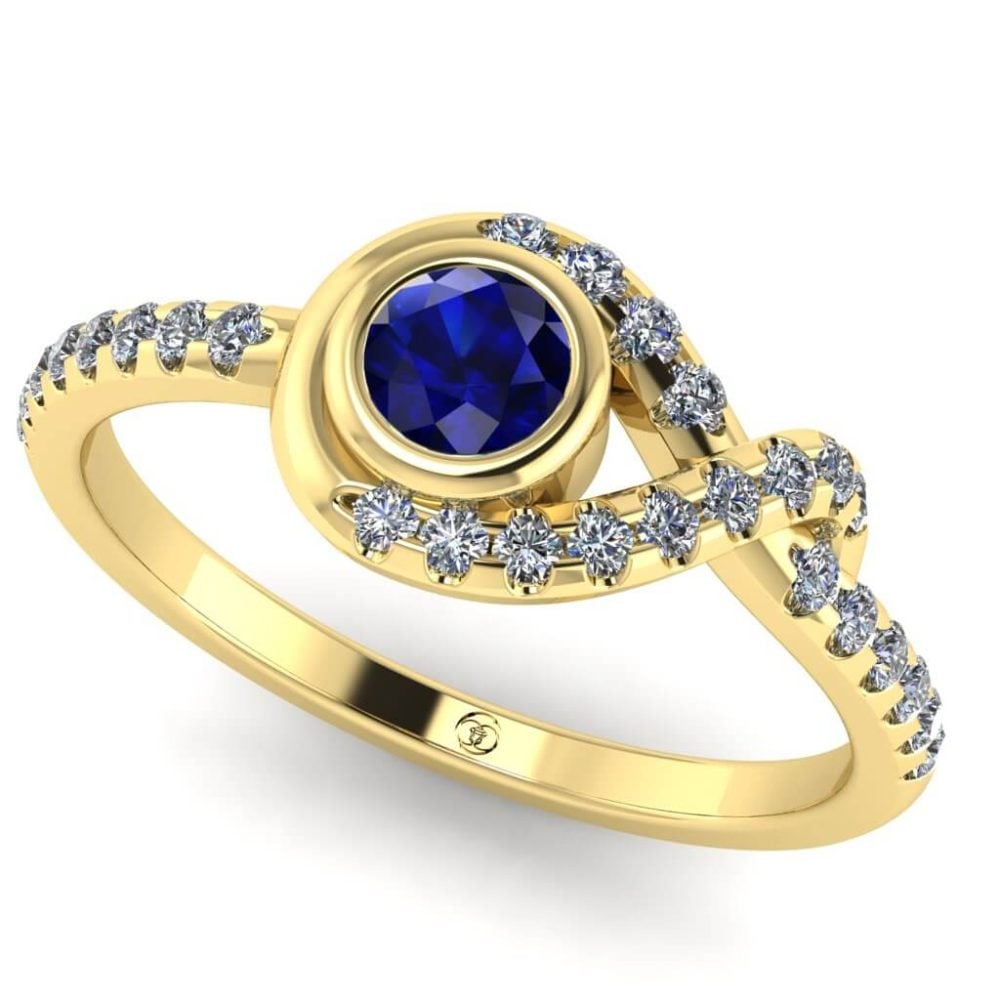 Inel logodna cu safir albastru si diamante din aur galben ES394