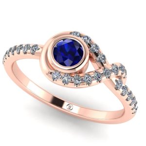 Inel logodna din aur roz 18k cu safir albastru si diamante ES394