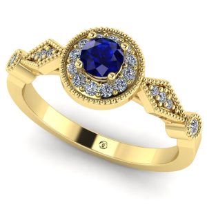 Inel logodna cu safir rotund albastru AAA si diamante din aur ES294