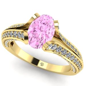Inel logodna cu safir roz oval si diamante din aur galben ES198