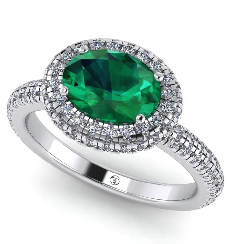 Inel de logodna cu smarald oval si diamante halo din aur alb ES314
