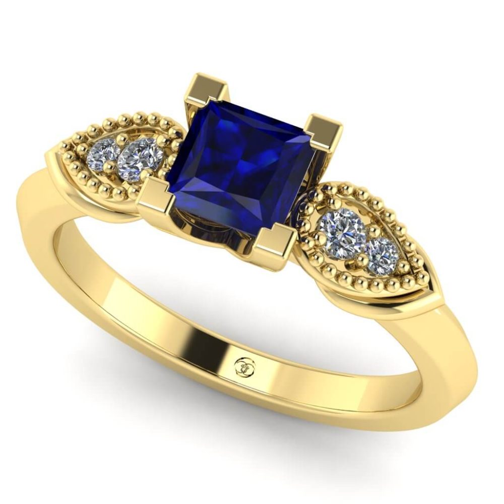 Inel logodna cu diamante si safir albastru patrat din aur ES194