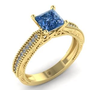 Inel logodna vintage cu diamant albastru patrat si diamante din aur galben ES289
