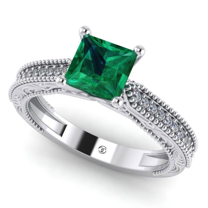 Inel de logodna vintage cu smarald patrat si diamante aur 750 ES289