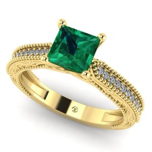 Inel de logodna vintage cu smarald patrat 5 mm si diamante aur ES289