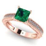 Inel logodna vintage cu smarald patrat si diamante aur 750 roz ES289