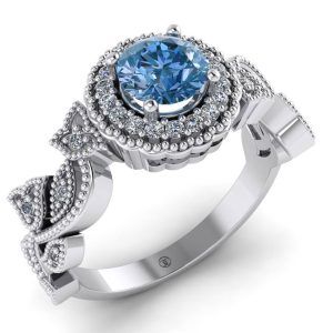 Inel logodna vintage cu diamant albastru si diamante din aur ES291