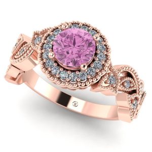 Inel de logodna floral halo cu diamant roz si diamante din aur roz ES291