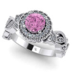Inel de logodna vintage cu diamant roz si diamante din aur alb ES291