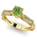 Inel logodna side stones cu diamant verde si diamante albe din aur ES287