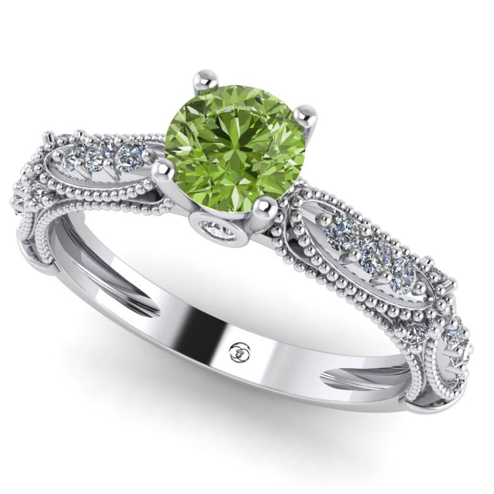 Inel logodna model vintage din aur cu diamant verde si diamante albe ES287