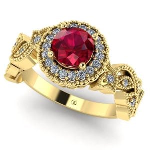 Inel de logodna cu rubin rotund si diamante din aur galben ES291