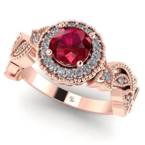 Inel de logodna vintage cu rubin si diamante din aur roz ES291