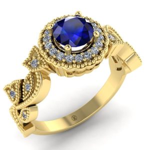 Inel de logodna halo cu safir albastru si diamante aur galben 585 ES291
