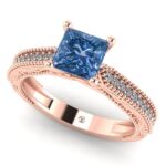 Inel logodna vintage cu diamant albastru patrat si diamante ES289