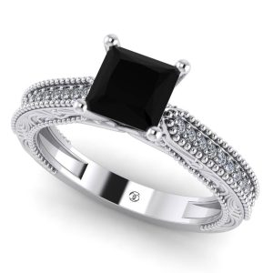 Inel de logodna vintage cu diamant negru si diamante din aur alb ES289