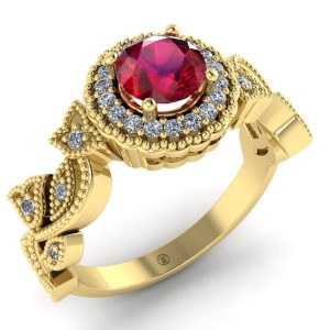 Inel de logodna vintage cu rubin si diamante din aur galben ES291