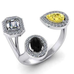 Inel halo cu diamant negru oval diamant galben para si diamant alb emerald aur ES295