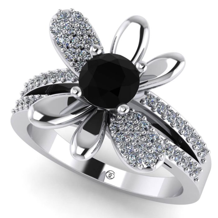 Inel diamant negru si diamante transparente din aur alb ES224