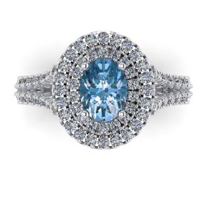 Inel cu diamant albastru oval si diamante din aur alb titlu 750 ES281