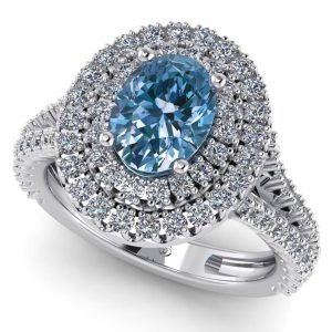 Inel diamant albastru oval si diamante aur alb 18k ES281
