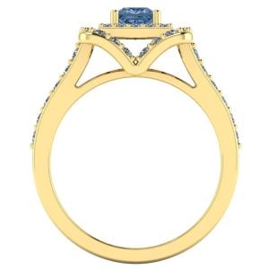 Inel aur halo cu diamant albastru patrat si diamante ES356