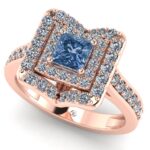Inel aur halo cu diamant albastru patrat si diamante aur ES356