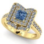 Inel aur halo cu diamant albastru patrat si diamante aur 18k ES356